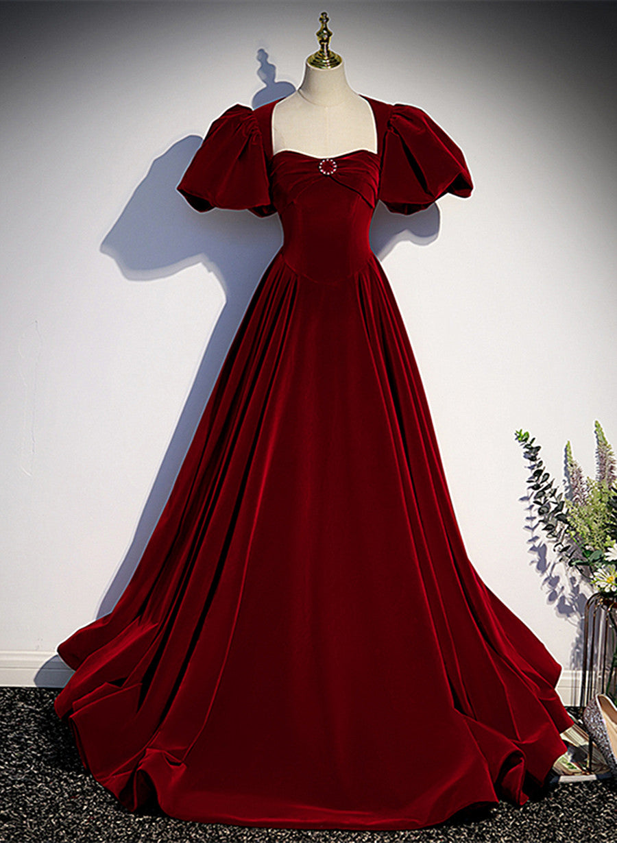 Wine Red Velvet Puffy Sleeves Long Party Dress, Wine Red Long Prom Dress Main image