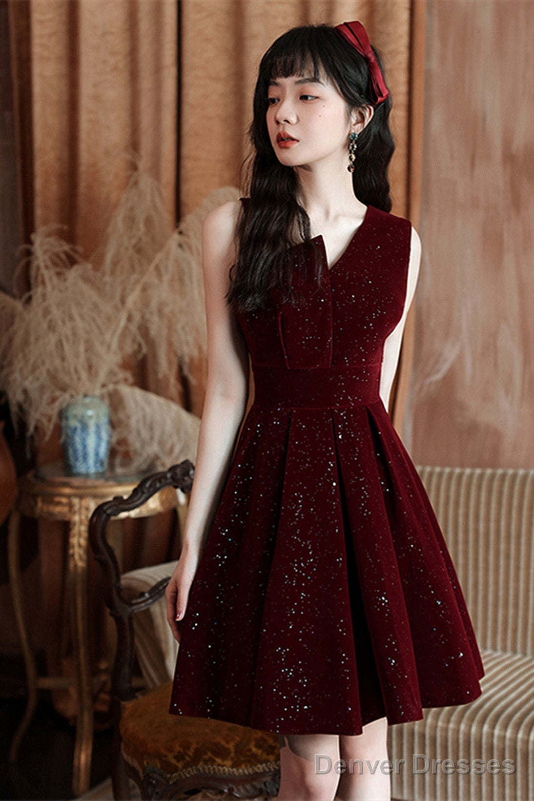 Wine Red Velvet Short Party Dress Homecoming Dress, Wine Red Bridesmaid Dress Main image