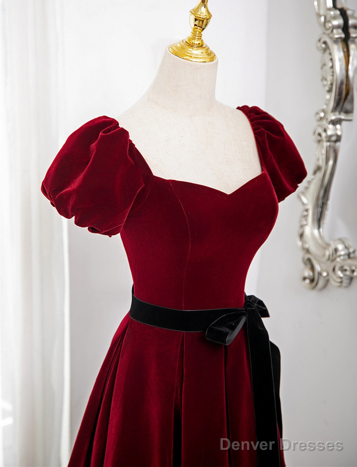 Wine Red Velvet Short Sleeves A-line Prom Dress, Wine Red Long Party Dress Secondary image