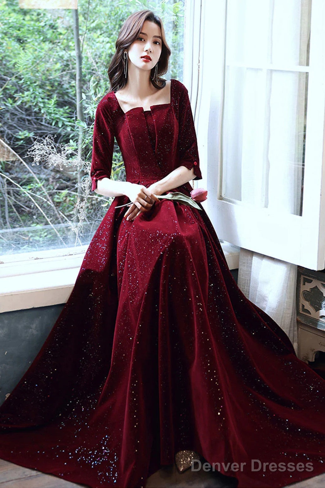 Wine Red Velvet Short Sleeves Long Formal Dress, A-Line Wine Red Prom Dress Secondary image