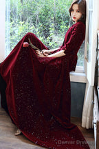 Wine Red Velvet Short Sleeves Long Formal Dress, A-Line Wine Red Prom Dress