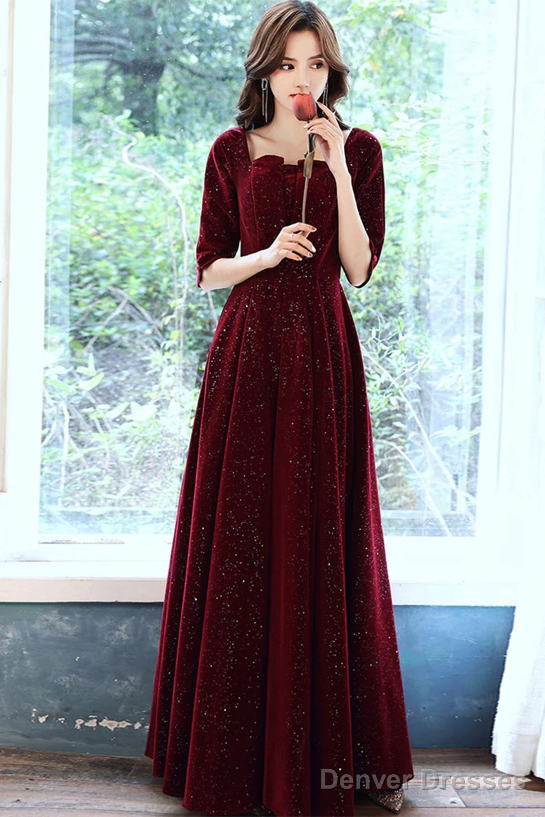 Wine Red Velvet Short Sleeves Long Formal Dress, A-Line Wine Red Prom Dress Main image