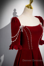 Wine Red Velvet Short Sleeves Long Prom Dress, Wine Red A-Line Evening Dress