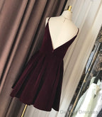 Wine Red Velvet Short V Back Homecoming Dress Party Dress, Dark Red Short Prom Dress