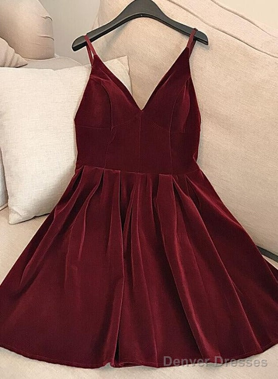 Wine Red Velvet Short V Back Homecoming Dress Party Dress, Dark Red Short Prom Dress Main image