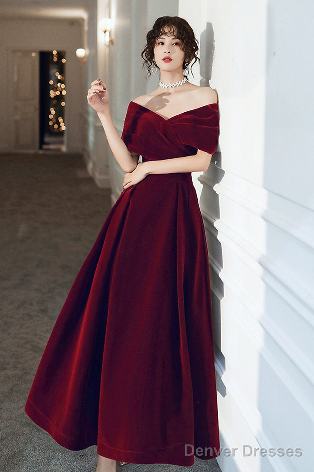 Wine Red Velvet Simple A-Line Long Wedding Party Dress, Wine Red Evening Dress Main image