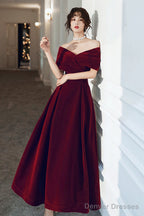Wine Red Velvet Simple A-Line Long Wedding Party Dress, Wine Red Evening Dress