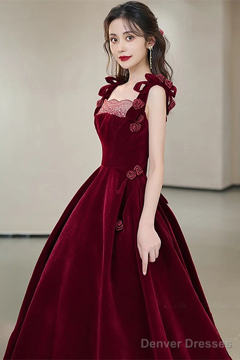 Wine Red Velvet Straps Flowers Lace-Up Long Prom Dress, Wine Red Long Party Dress