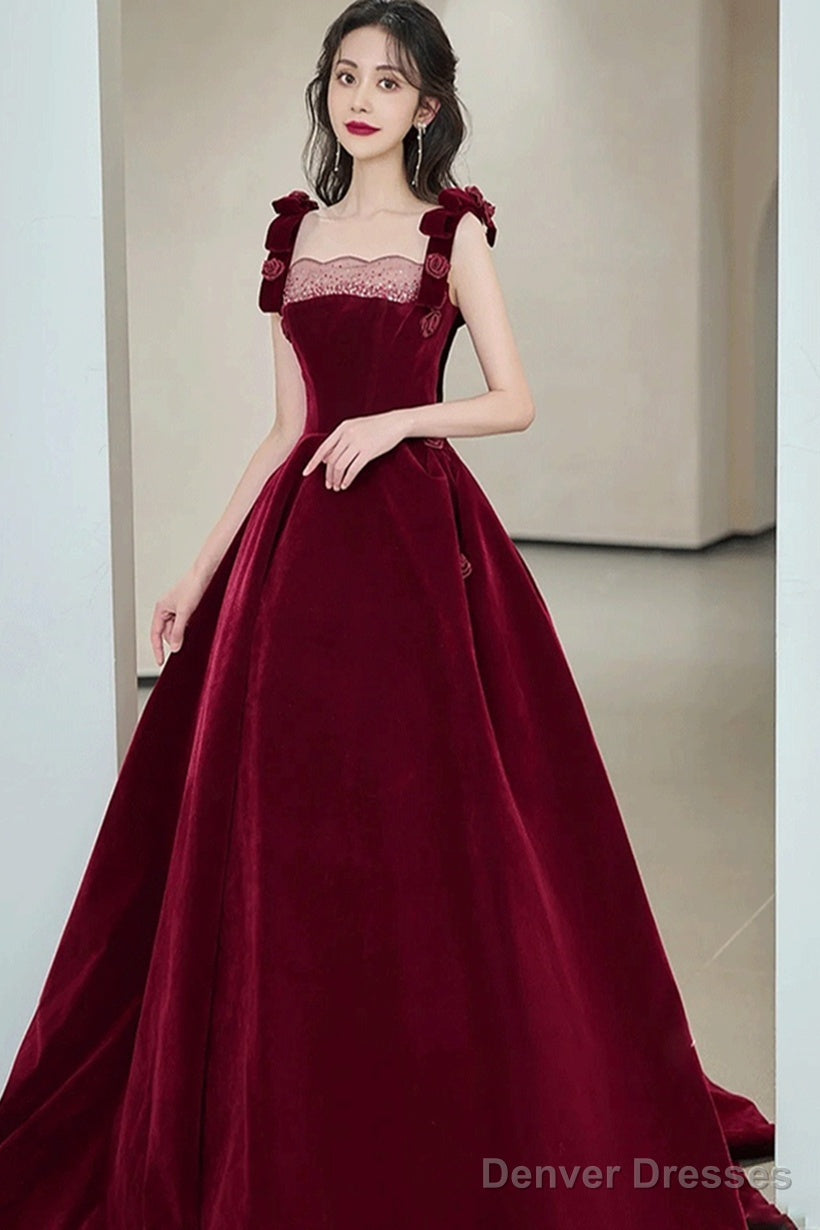 Wine Red Velvet Straps Flowers Lace-Up Long Prom Dress, Wine Red Long Party Dress