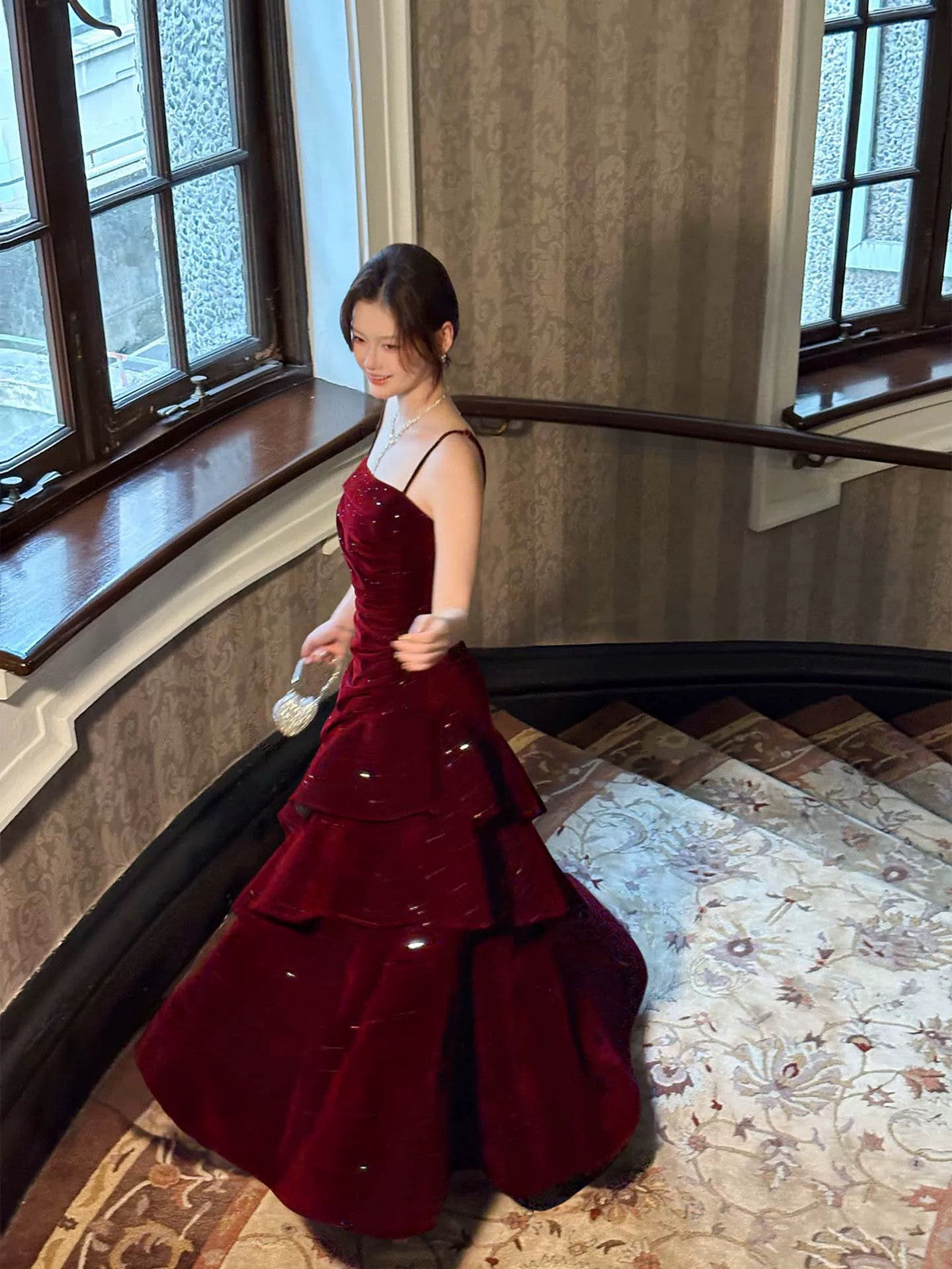 Wine Red Velvet Straps Layers Long Formal Dress, Wine Red Velvet Floor Length Prom Dress Secondary image
