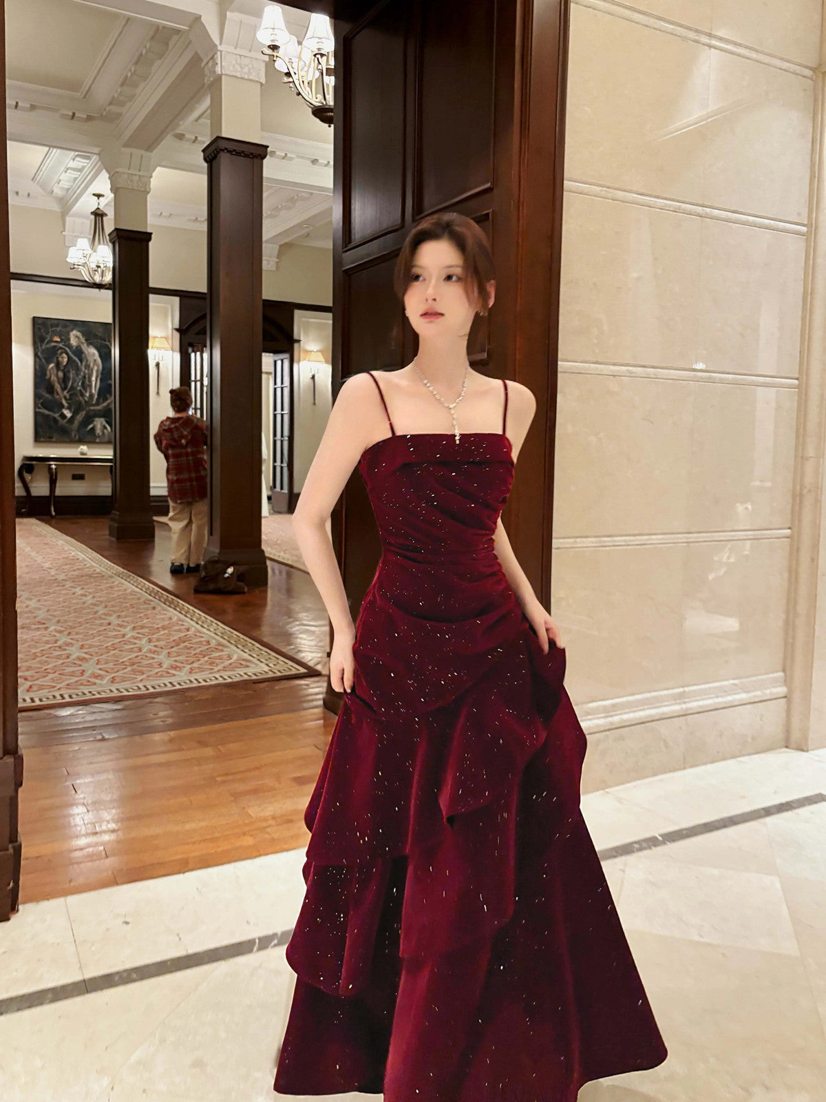 Wine Red Velvet Straps Layers Long Formal Dress, Wine Red Velvet Floor Length Prom Dress Main image