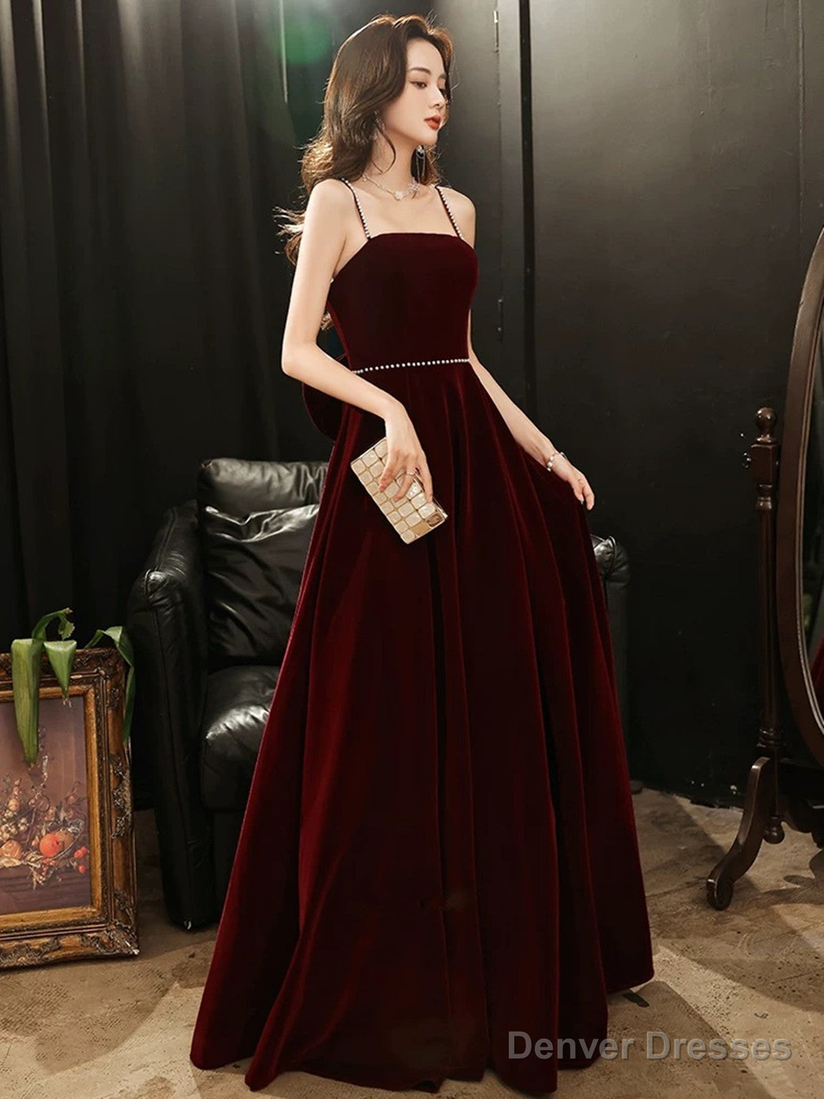 Wine Red Velvet Straps Long Party Dress with Bow, Wine Red Prom Dress Main image