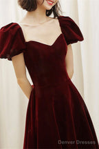 Wine Red Velvet Sweetheart Long Party Dress, A-Line Wine Red Prom Dress