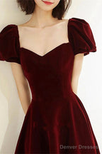Wine Red Velvet Sweetheart Long Party Dress, A-Line Wine Red Prom Dress