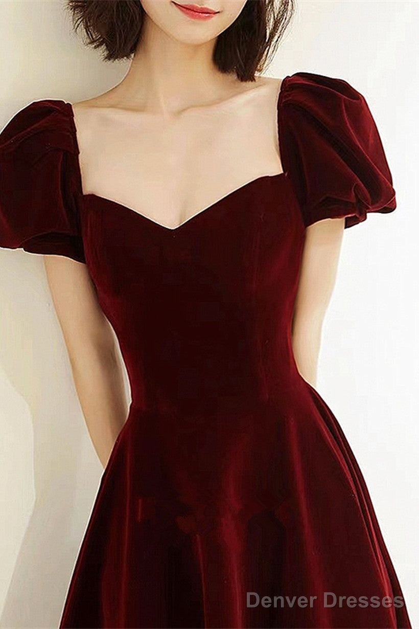 Wine Red Velvet Sweetheart Long Party Dress, A-Line Wine Red Prom Dress