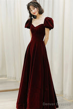Wine Red Velvet Sweetheart Long Party Dress, A-Line Wine Red Prom Dress
