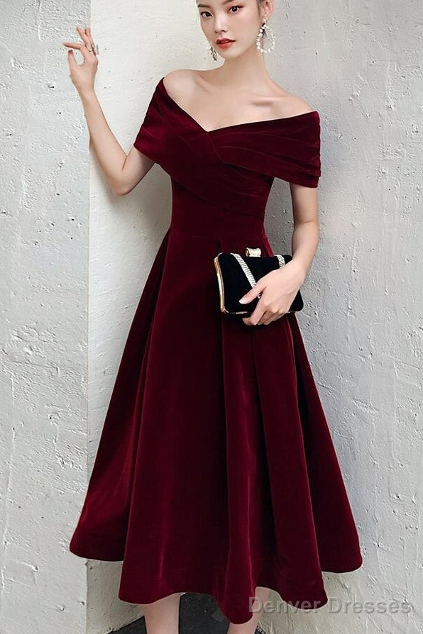 Wine Red Velvet Tea Length Chic Off Shoulder Party Dress, Burgundy Prom Dresses