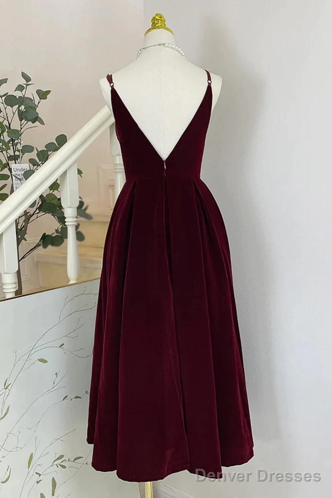 Wine Red Velvet Tea Length Homecoming Dress, Wine Red V-Neckline Party Dress Secondary image