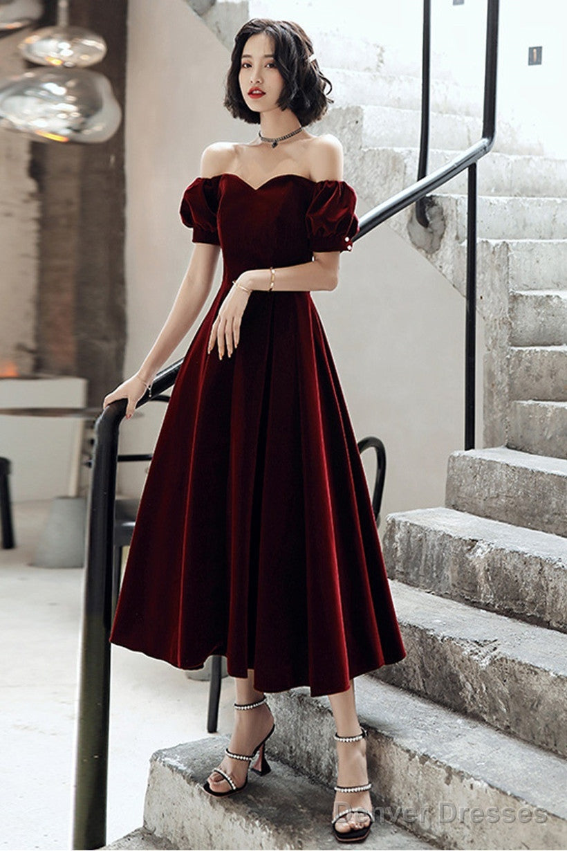 Wine Red Velvet Tea Length Off Shoulder Party Dress, Wine Red Bridesmaid Dress Main image