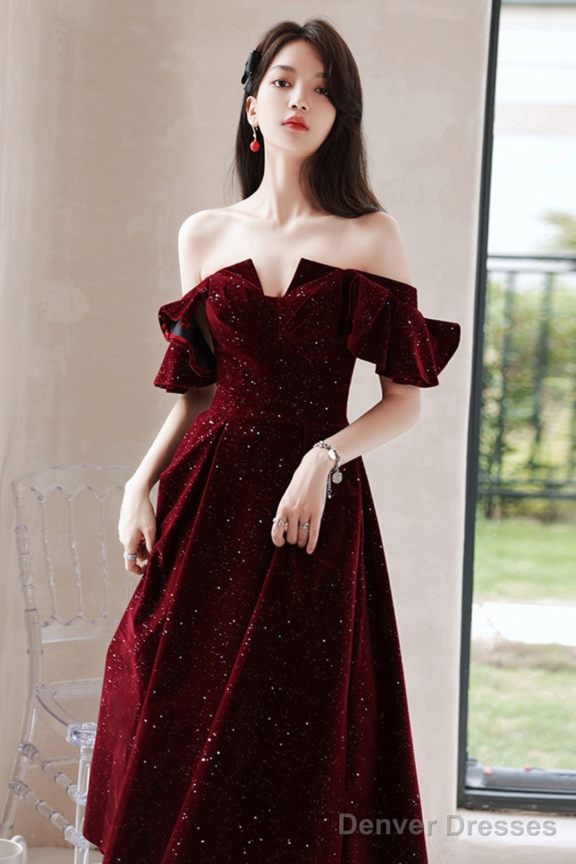 Wine Red Velvet Tea Length Party Dress Graduation Dress, Wine Red Prom Dress Secondary image