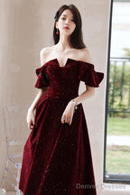 Wine Red Velvet Tea Length Party Dress Graduation Dress, Wine Red Prom Dress