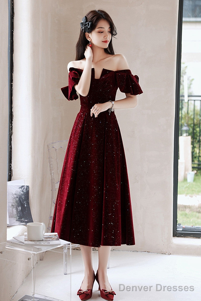 Wine Red Velvet Tea Length Party Dress Graduation Dress, Wine Red Prom Dress