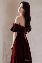 Wine Red Velvet Tea Length Party Dress Graduation Dress, Wine Red Prom Dress