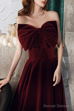 Wine Red Velvet Tea Length Party Dress, Wine Red Homecoming Dress Prom Dress