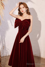 Wine Red Velvet Tea Length Party Dress, Wine Red Homecoming Dress Prom Dress