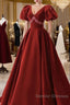 Wine Red Velvet V-Neckline Beaded Short Sleeves Party Dress, Wine Red Long Prom Dress