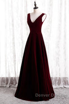 Wine Red Velvet V-Neckline Simple Long Party Dress, Wine Red Bridesmaid Dress