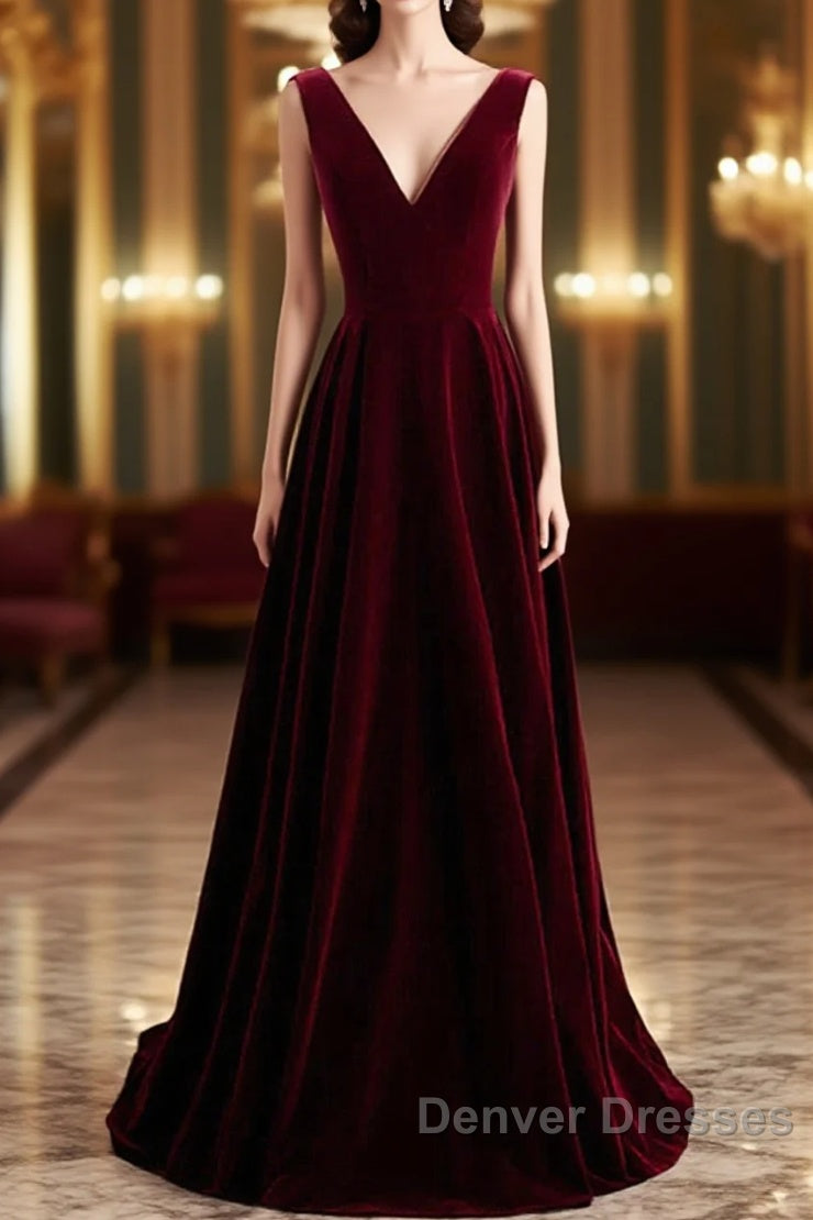 Wine Red Velvet V-Neckline Simple Long Party Dress, Wine Red Bridesmaid Dress Main image