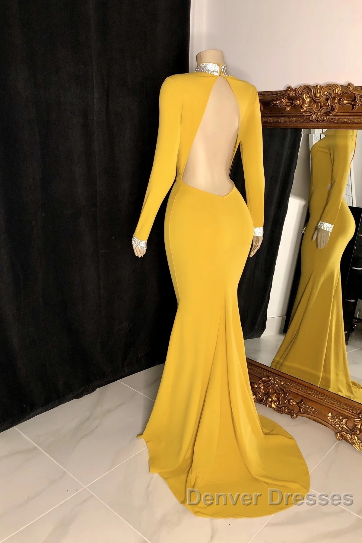 Winter Wedding Guest Dress Long Sleeves High Neck Yellow Prom Dress Secondary image