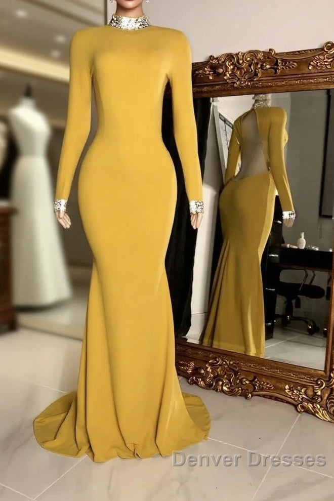 Winter Wedding Guest Dress Long Sleeves High Neck Yellow Prom Dress Main image