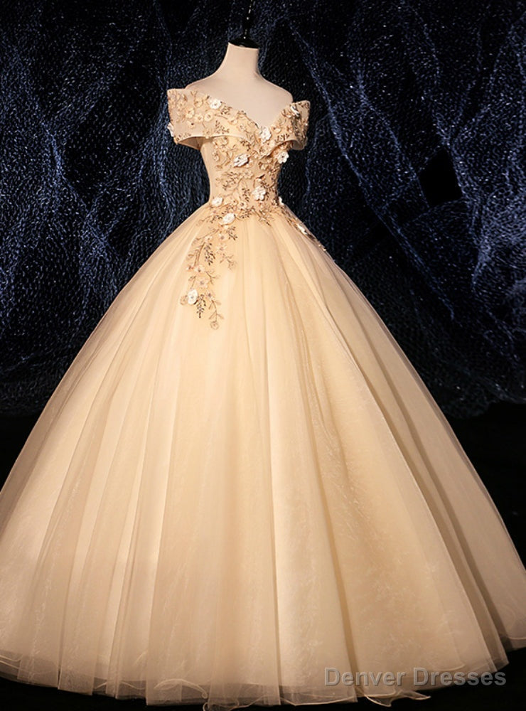 With 28 Colors Available. Champagne Ball Gown Tulle Appliques Off the Shoulder Quinceanera Dress Main image