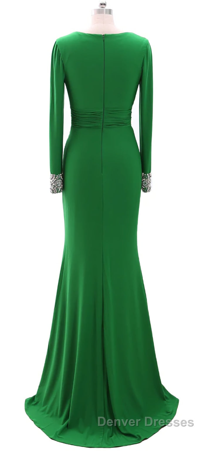 Women Long Mother of Bride Dress Green Grey Long Sleeve V Neck Evening Dress Secondary image