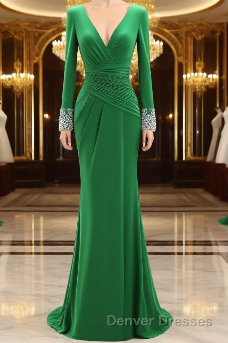Women Long Mother of Bride Dress Green Grey Long Sleeve V Neck Evening Dress