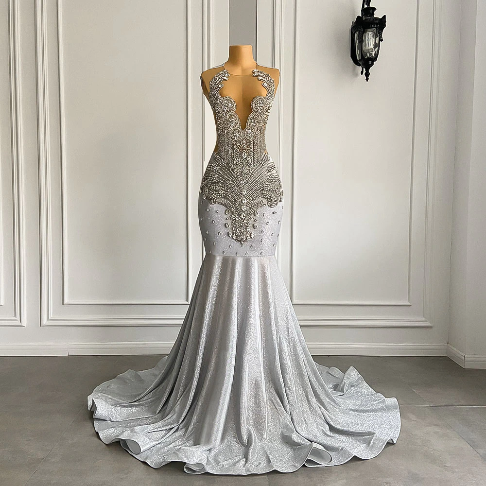 Women Silver Long Mermaid Prom Dress Sexy Sheer Mesh Luxury Sparkly Handmade Diamond Black Girl Prom Formal Gala Gowns Secondary image