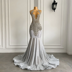 Women Silver Long Mermaid Prom Dress Sexy Sheer Mesh Luxury Sparkly Handmade Diamond Black Girl Prom Formal Gala Gowns