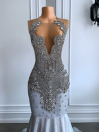 Women Silver Long Mermaid Prom Dress Sexy Sheer Mesh Luxury Sparkly Handmade Diamond Black Girl Prom Formal Gala Gowns
