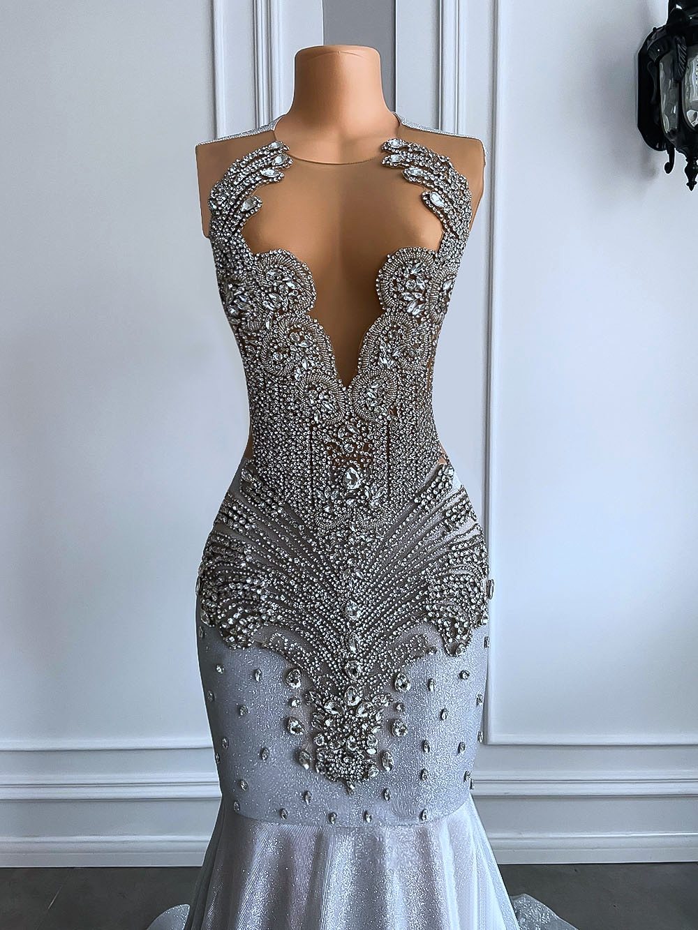 Women Silver Long Mermaid Prom Dress Sexy Sheer Mesh Luxury Sparkly Handmade Diamond Black Girl Prom Formal Gala Gowns