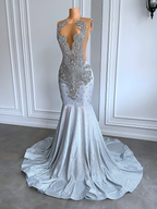 Women Silver Long Mermaid Prom Dress Sexy Sheer Mesh Luxury Sparkly Handmade Diamond Black Girl Prom Formal Gala Gowns