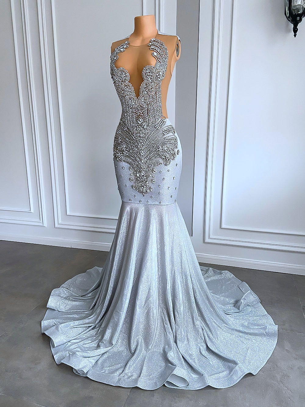 Women Silver Long Mermaid Prom Dress Sexy Sheer Mesh Luxury Sparkly Handmade Diamond Black Girl Prom Formal Gala Gowns