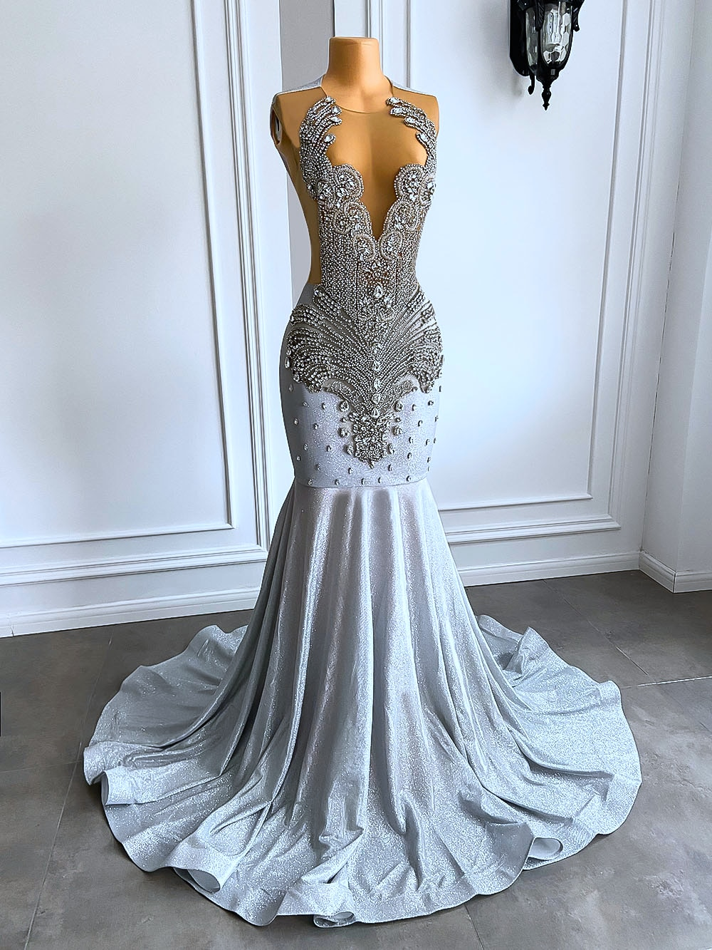 Women Silver Long Mermaid Prom Dress Sexy Sheer Mesh Luxury Sparkly Handmade Diamond Black Girl Prom Formal Gala Gowns