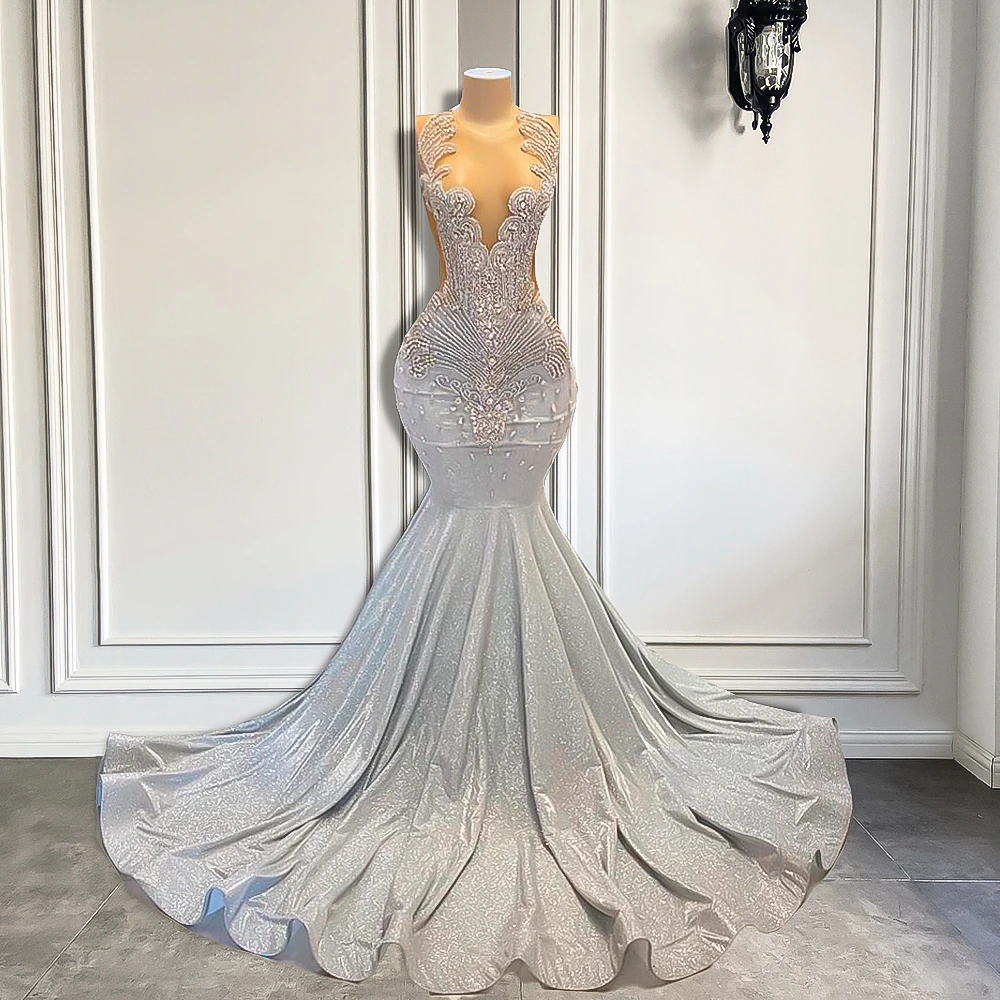 Women Silver Long Mermaid Prom Dress Sexy Sheer Mesh Luxury Sparkly Handmade Diamond Black Girl Prom Formal Gala Gowns Main image