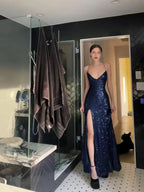 Womens Navy Sequined Slitted Spaghetti Strap V Neck Full-Length Formal Gown Dress