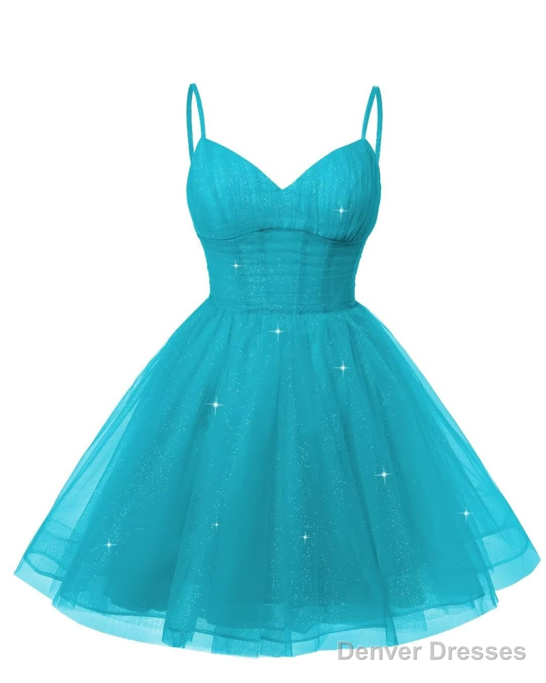 Womens V Neck Tulle Spaghetti Straps Aqua Blue Homecoming Dresses with Corset Back Short Prom Gowns for Teens Main image