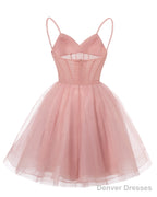 Womens V Neck Tulle Spaghetti Straps Wisteria Homecoming Dresses with Corset Back Short Prom Gowns for Teens