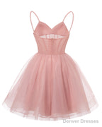 Womens V Neck Tulle Spaghetti Straps Teal Homecoming Dresses with Corset Back Short Prom Gowns for Teens