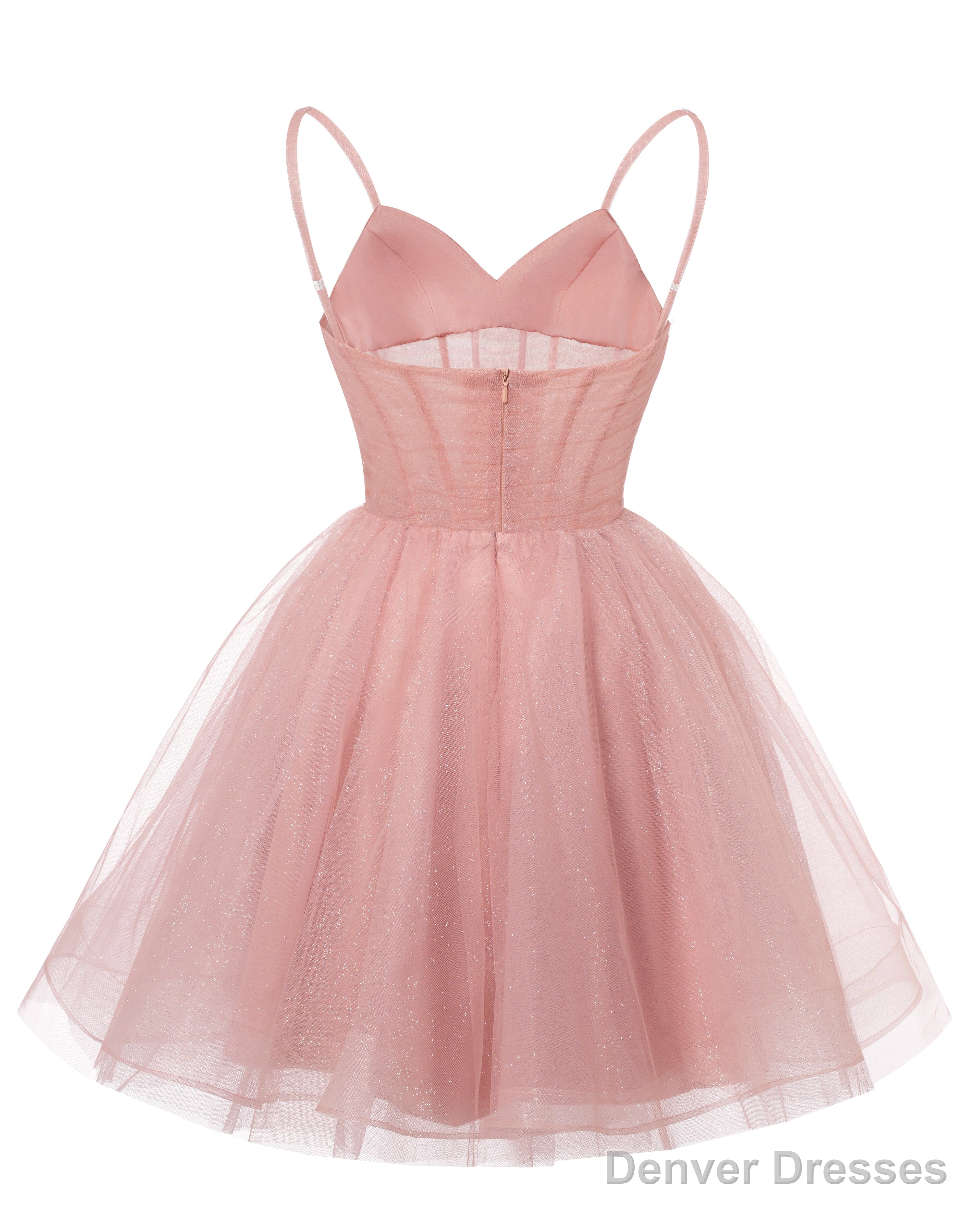 Womens V Neck Tulle Spaghetti Straps Emerald Green Homecoming Dresses with Corset Back Short Prom Gowns for Teens